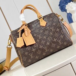 Louis Vuitton Brown Monogram Croc-Embossed Satchel with Tan Accents